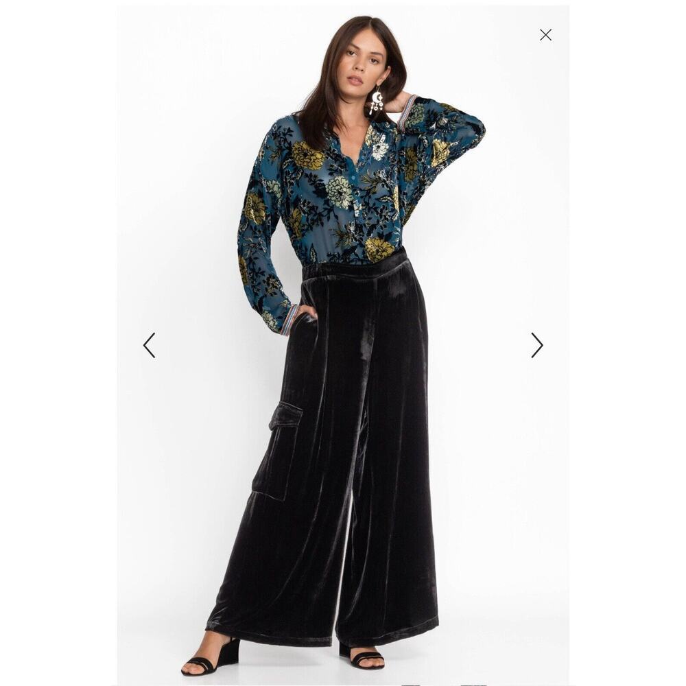 Johnny Was Zatima Womens Pant XL Black Velvet Silk Cargo Wide Leg $318 - Picture 1 of 12